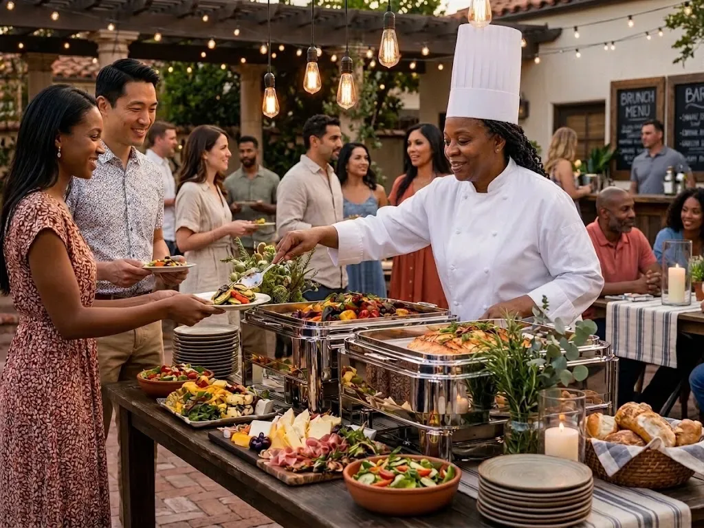 A chef in whites serving guests from chafing dishes of roasted vegetables and fish at an outdoor buffet under string lights, with cheese, charcuterie and bread laid out in front