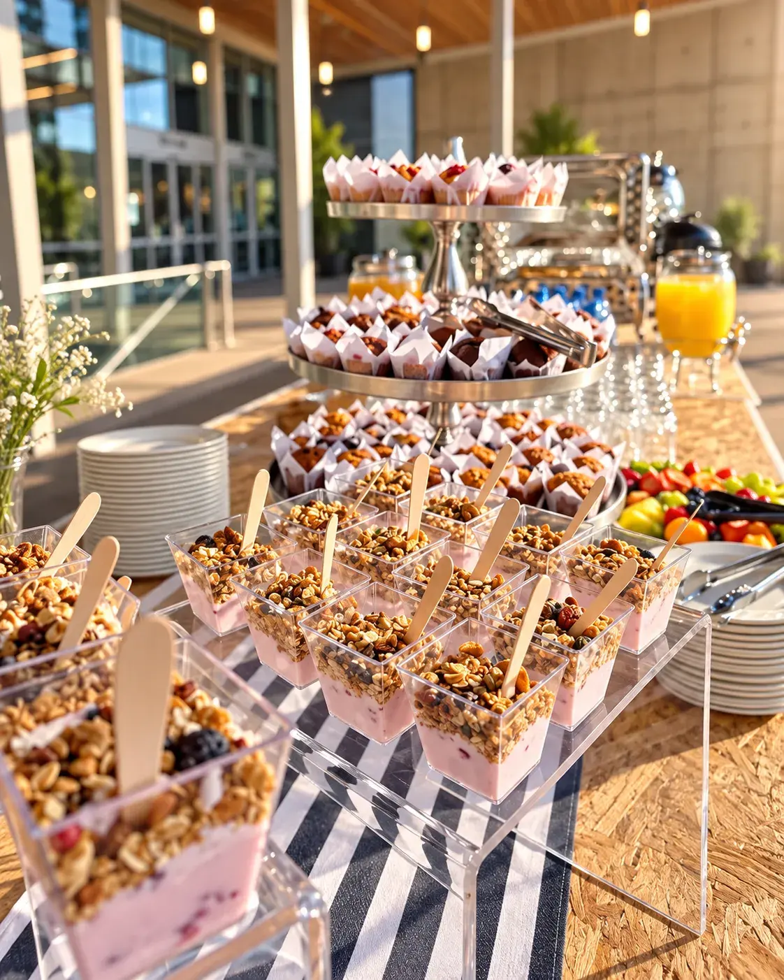 A breakfast table set outside an office building, with yoghurt and muesli cups, muffins on tiered stands, fresh fruit and orange juice
