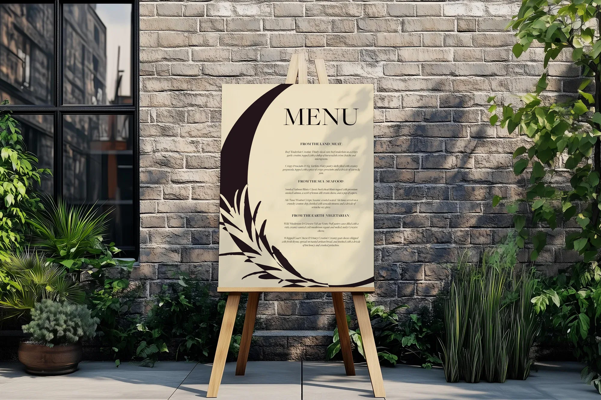 A menu board in the Oh Mai Catering brand design, with the rosemary sprig and crescent, on a wooden easel against a brick wall between potted plants.