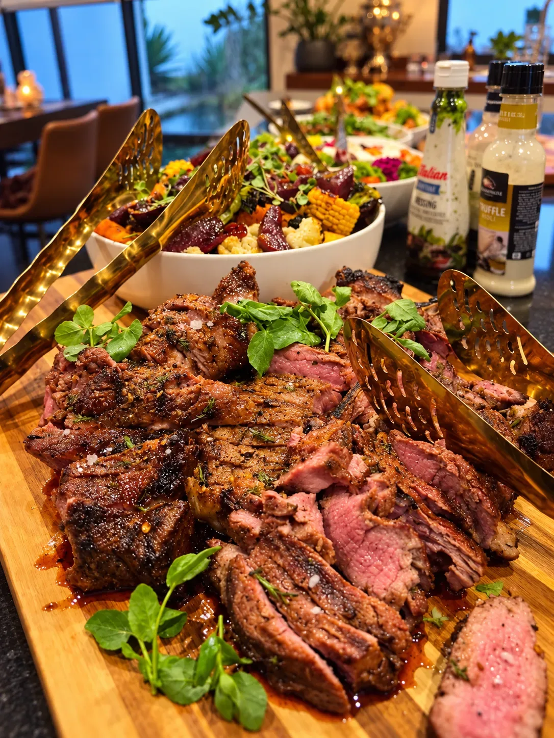 Sliced grilled steak garnished with watercress on a wooden board, with roasted vegetable salads behind, at a dinner at home