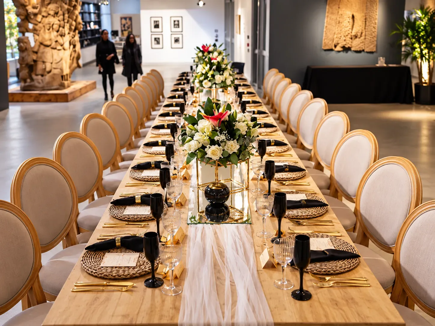 A long reception table in a gallery venue, set with woven chargers, gold cutlery, black glassware and white floral centrepieces