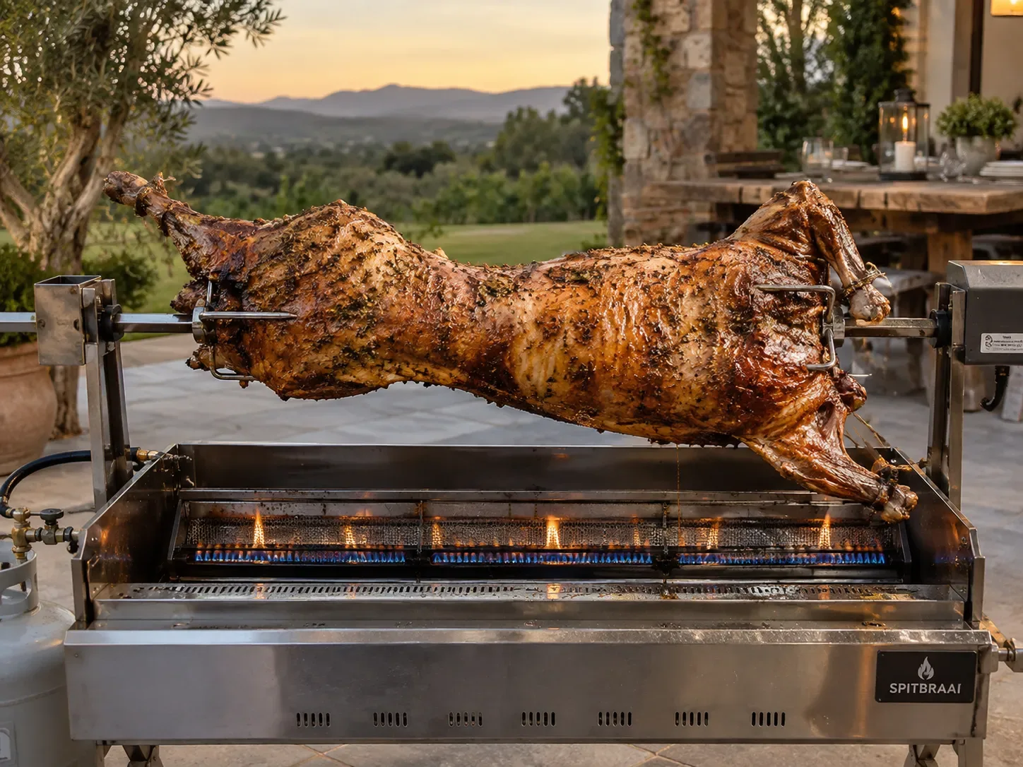 A whole lamb turning on a gas spitbraai on an outdoor terrace at sunset