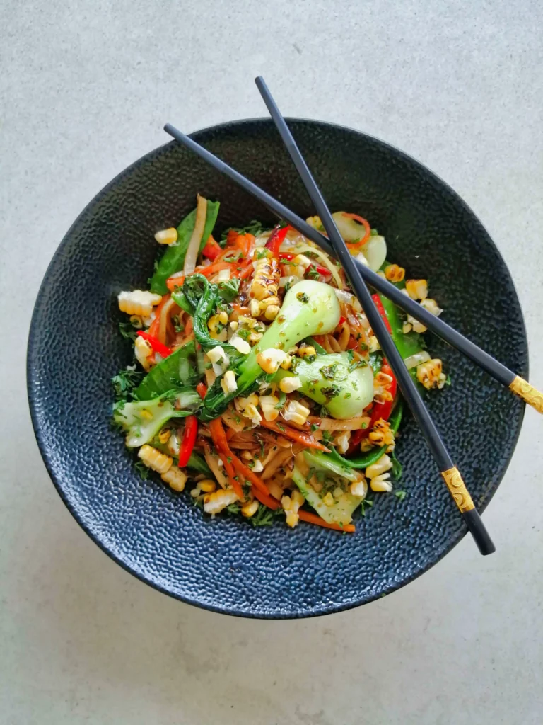 Fresh vegetable stir fry noodles with bok choy and corn, healthy event catering Gauteng